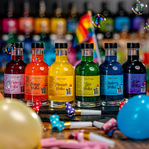 Newy Distillery Mardi Gras 2024, Mardi Gras Rainbow Vodka Pack. 6x 200ml flavoured vodkas. Colours of the Pride flag.