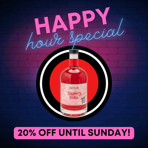 Newy Distillery Happy Hour Wednesdays promotion. 20% off 700ml Raspberry Flavoured Vodka