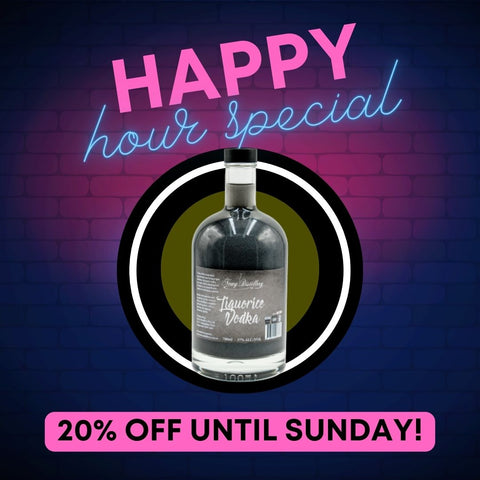 Newy Distillery Happy Hour Wednesdays. 20% off a selected bottle of vodka every Wednesday. This week 20% off Liquorice flavoured vodka.