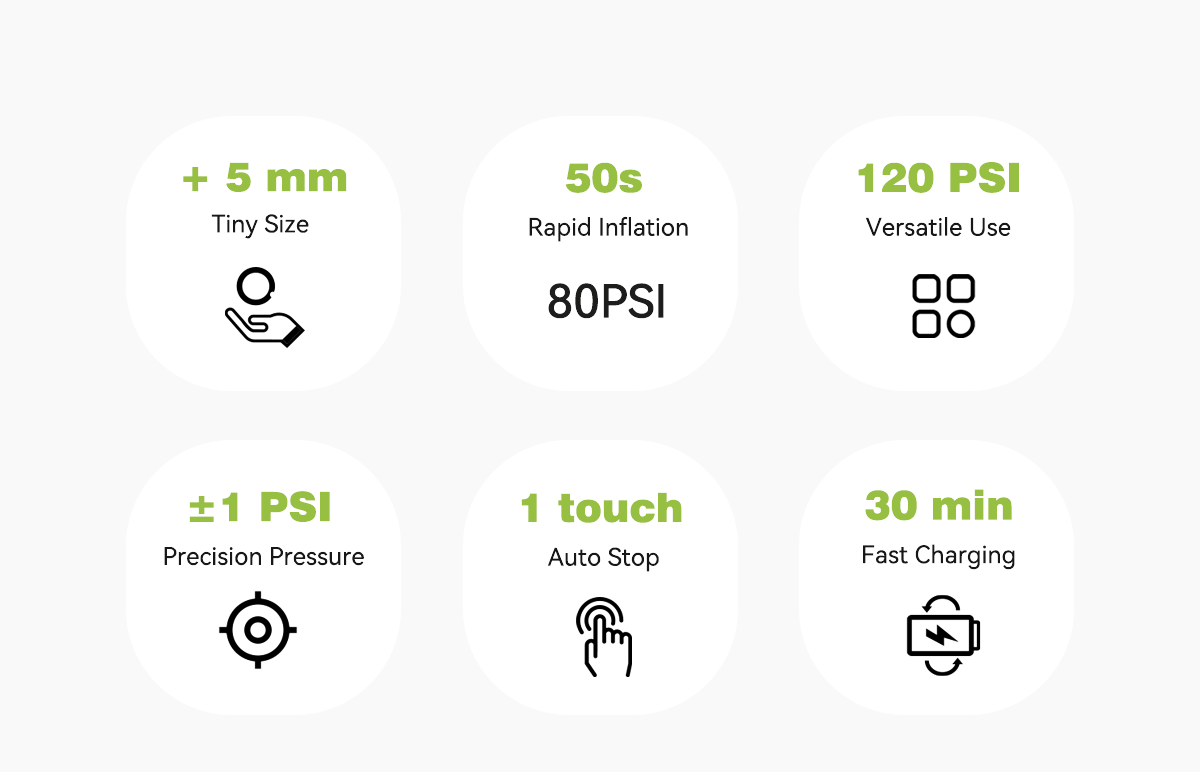 + 5 mm  (Tiny Size) 50 s (Rapid Inflation) 120 PSI  (Versatile Use) ±1 PSI (Precision Pressure) 1 touch (Auto Stop) 30 min (Fast Charging)