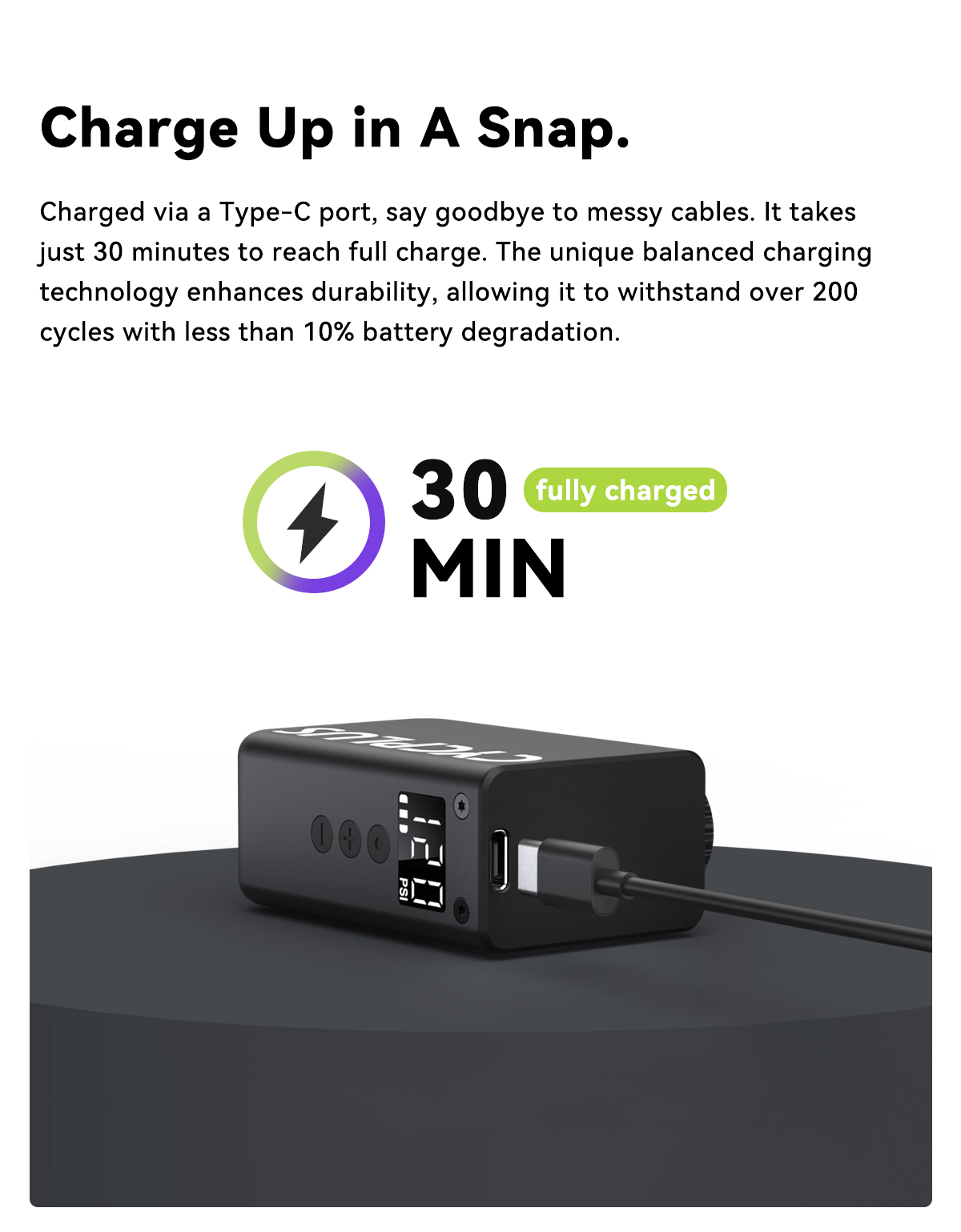 Charge Up in A Snap.  Charged via a Type-C port, say goodbye to messy cables. It takes just 30 minutes to reach full charge. The unique balanced charging technology enhances durability, allowing it to withstand over 200 cycles with less than 10% battery degradation.  *1 months on standby, and it's still over half-charged.