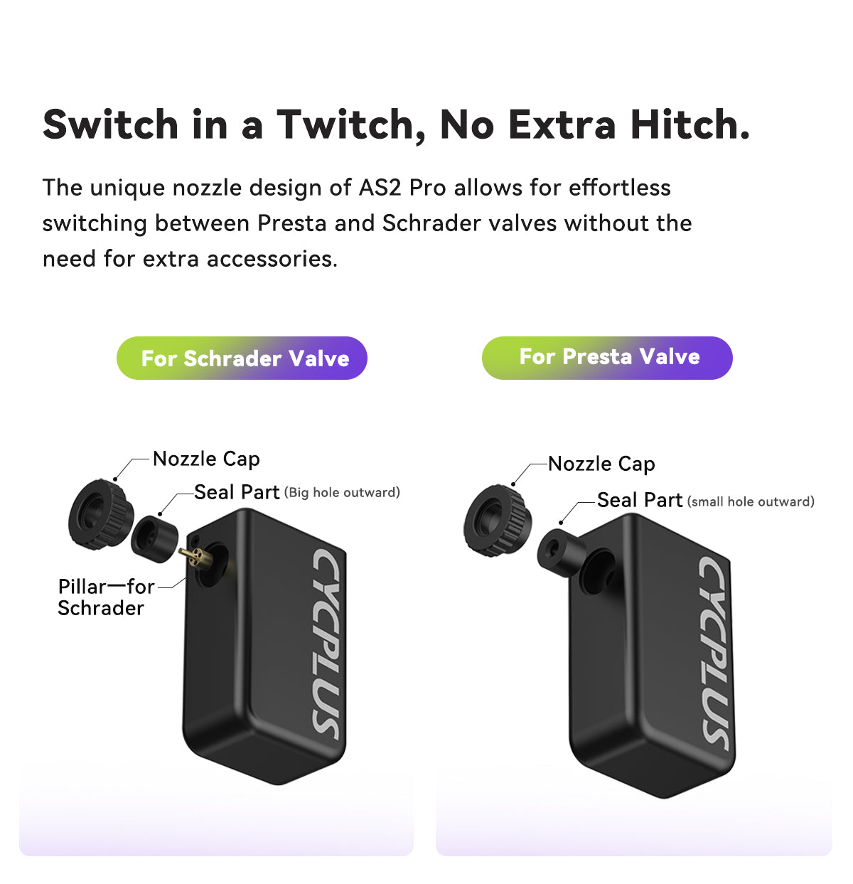 Switch in a Twitch, No Extra Hitch.  The unique nozzle design of AS2 Pro allows for effortless switching between Presta and Schrader valves without the need for extra accessories.