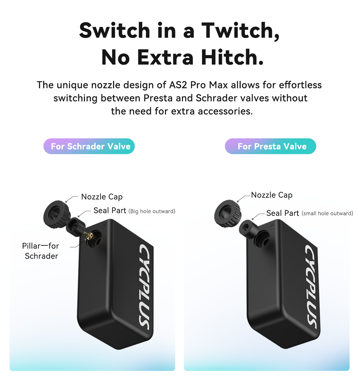 Switch in a Twitch, No Extra Hitch.  The unique nozzle design of AS2 Pro Max allows for effortless switching between Presta and Schrader valves without the need for extra accessories.