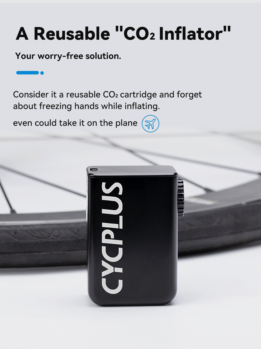 A Reusable "CO2 Inflator".  Inflate over 200 tires with less than 10% speed degradation. Consider it a reusable CO2 cartridge and forget about freezing hands while inflating. Your worry-free solution.