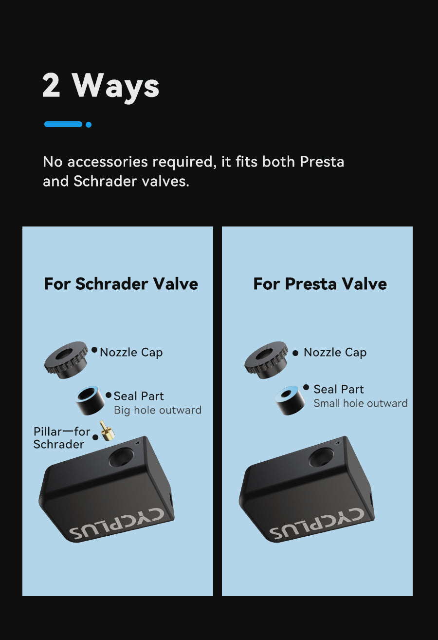2 Ways.  No accessories required, it fits both Presta and Schrader valves.