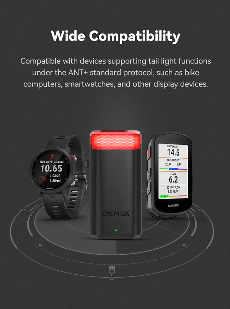 Wide Compatibility   Compatible with devices supporting tail light functions under the ANT+ standard protocol, such as bike computers, smartwatches, and other display devices.