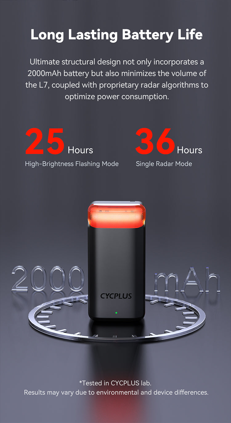 Long Lasting Battery Life  Ultimate structural design not only incorporates a 2000mAh battery but also minimizes the volume of the L7, coupled with proprietary radar algorithms to optimize power consumption.  High-Brightness Flashing Mode 25 Hours   Single Radar Mode 36 Hours