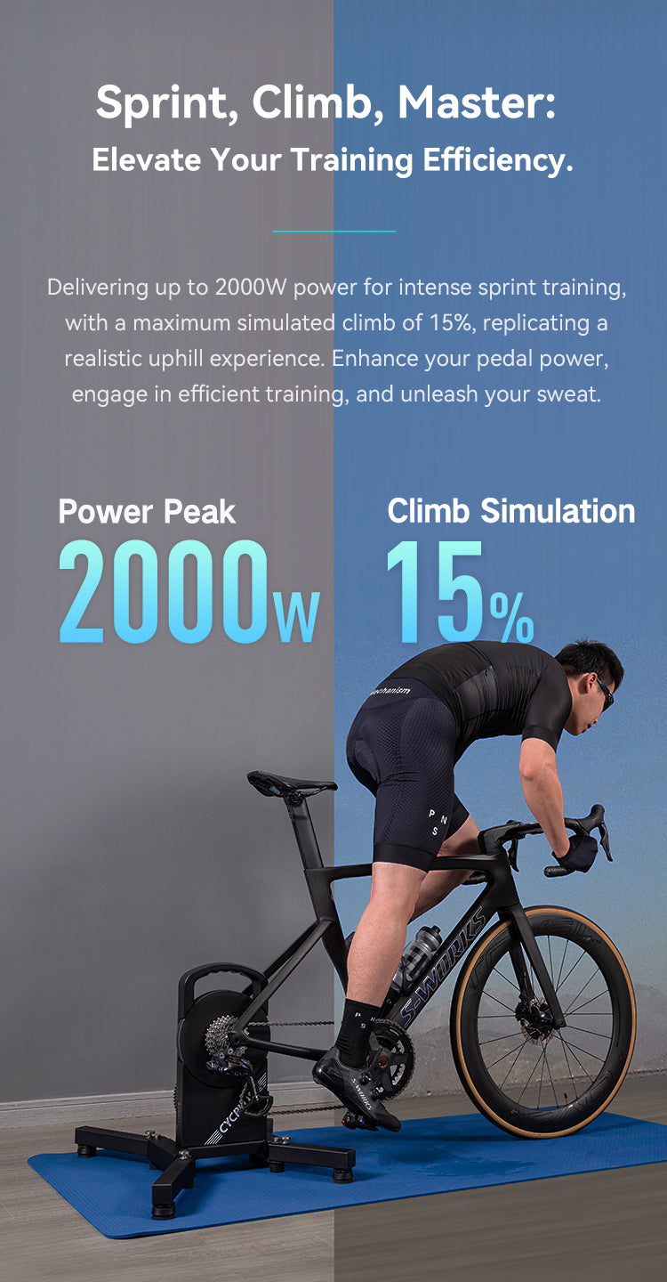 Sprint, Climb, Master: Elevate Your Training Efficiency.  Delivering up to 2000W power for intense sprint training, with a maximum simulated climb of 15%, replicating a realistic uphill experience. Enhance your pedal power, engage in efficient training, and unleash your sweat.  Power Peak 2000W Climb Simulation 15%