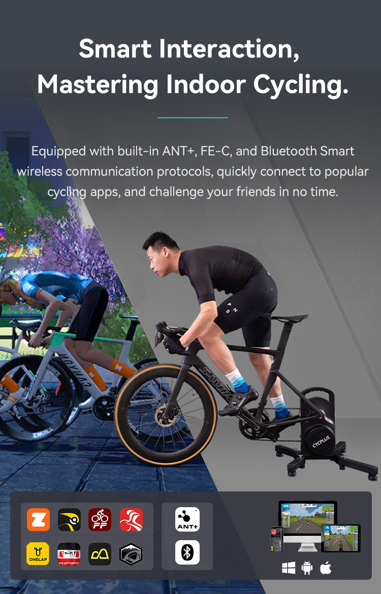 Smart Interaction, Mastering Indoor Cycling.  Equipped with built-in ANT+, FE-C, and Bluetooth Smart wireless communication protocols, quickly connect to popular cycling apps, and challenge your friends in no time.
