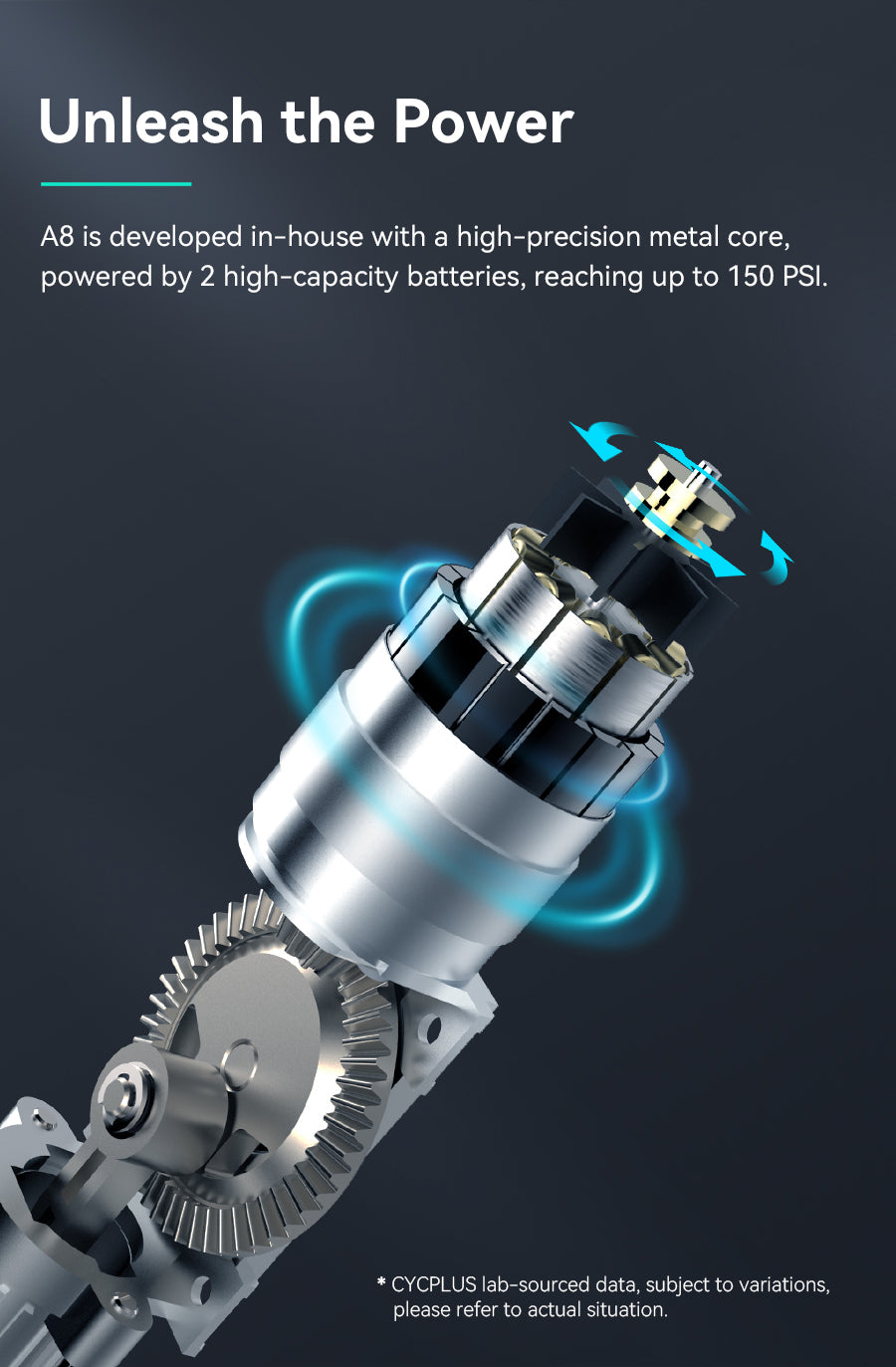 Unleash the Power  A8 is developed in-house with a high-precision metal core, powered by 2 high-capacity batteries, reaching up to 150 PSI.  *CYCPLUS lab-sourced data, subject to variations, please refer to actual situation.