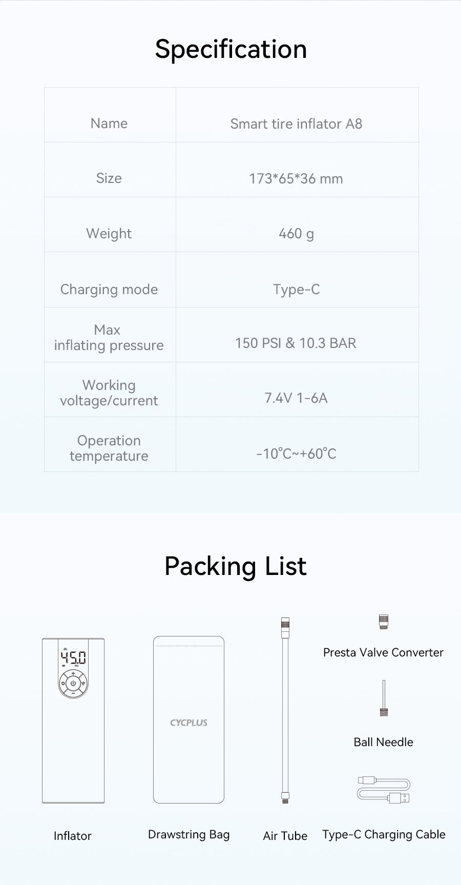 CYCPLUS Electric Air Pump A8 Specifications and Packing List