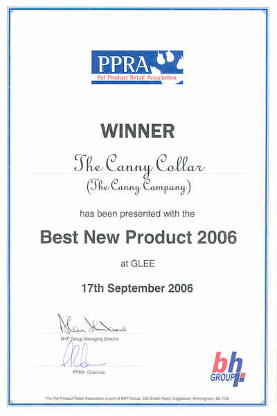 Pet Product Retail Association certificate awarded to the Canny Collar as their Best New Product 2006 in the UK