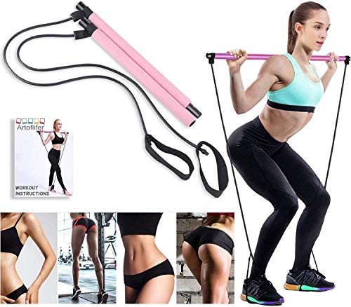 Photo 1 of Artoflifer Exercise Resistance Band Yoga Pilates Bar Kit Portable Pilates Stick Muscle Toning Bar Home Gym Pilates with Foot Loop for Total Body Workout (Pink)