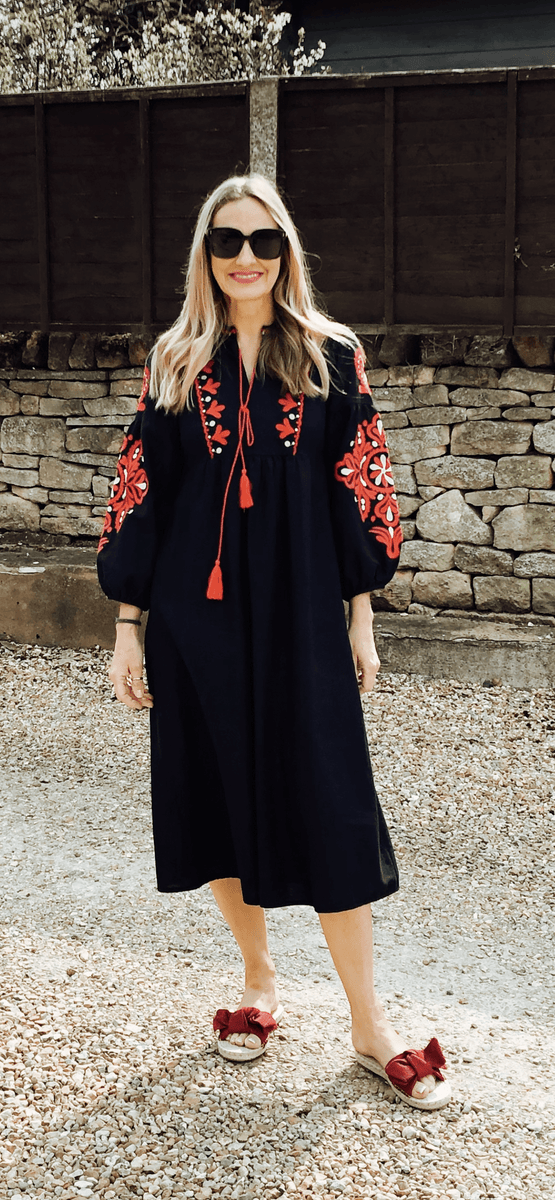 Ukranian style embroidered dress - navy – The Cotswold Shed