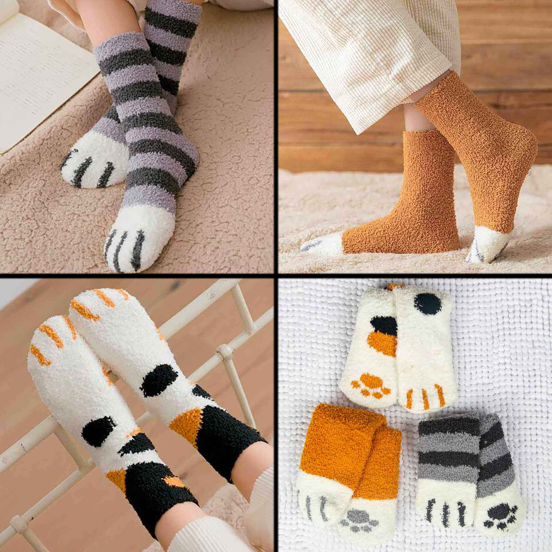 four pics of cat paw socks