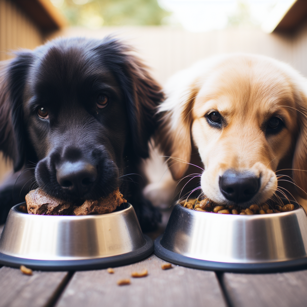 two retriever dogs eating food out of silver bowls