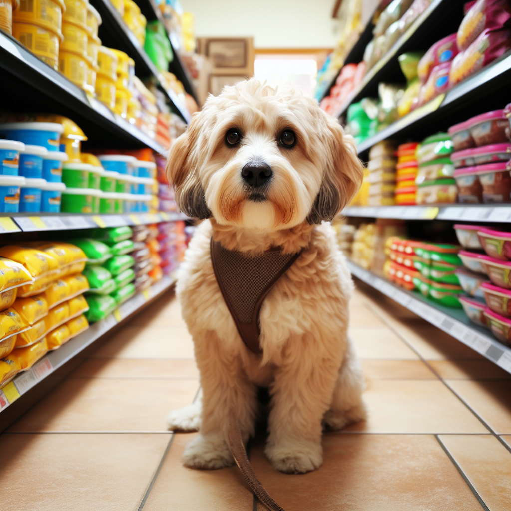 golden doodle sitting in pet food aisle of store