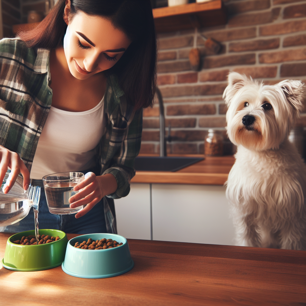 woman adding water to dog food in a bowl while her dog watches