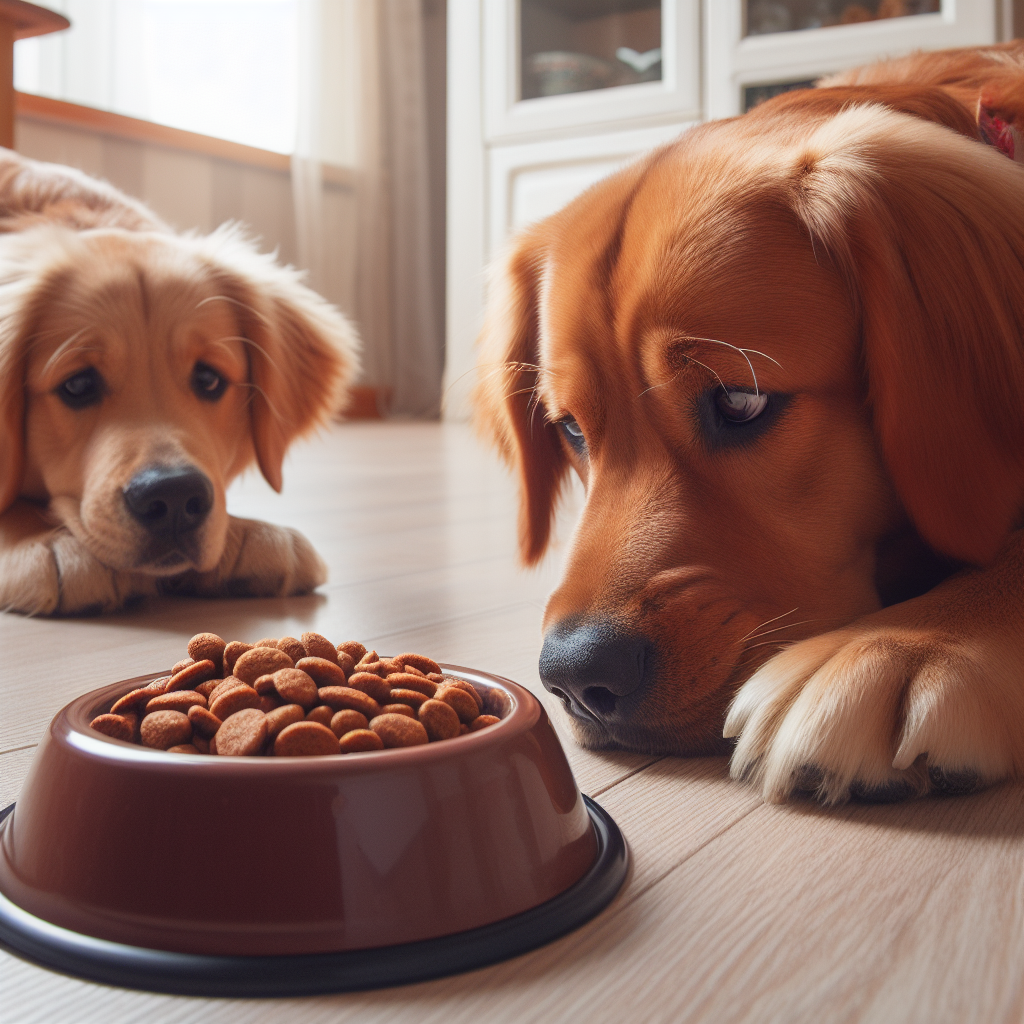 two dogs laying in front of food bowl refusing to eat their food