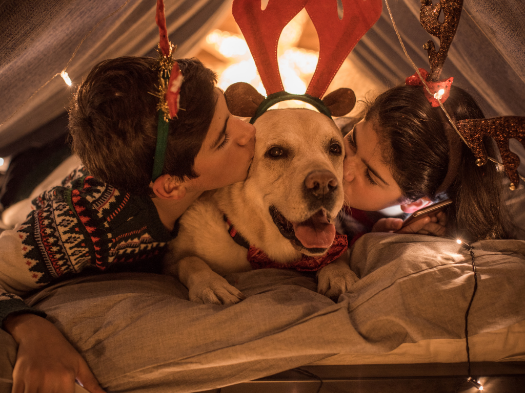 golden labrador laying between two kids who are kissing him in dim light