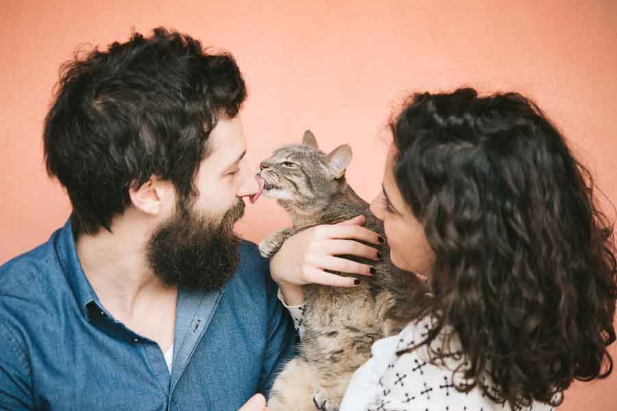 couple holding ginger cat who is licking man's nose