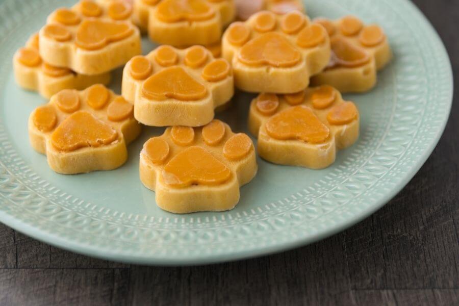 dog paw print pumpkin cookies on a plate