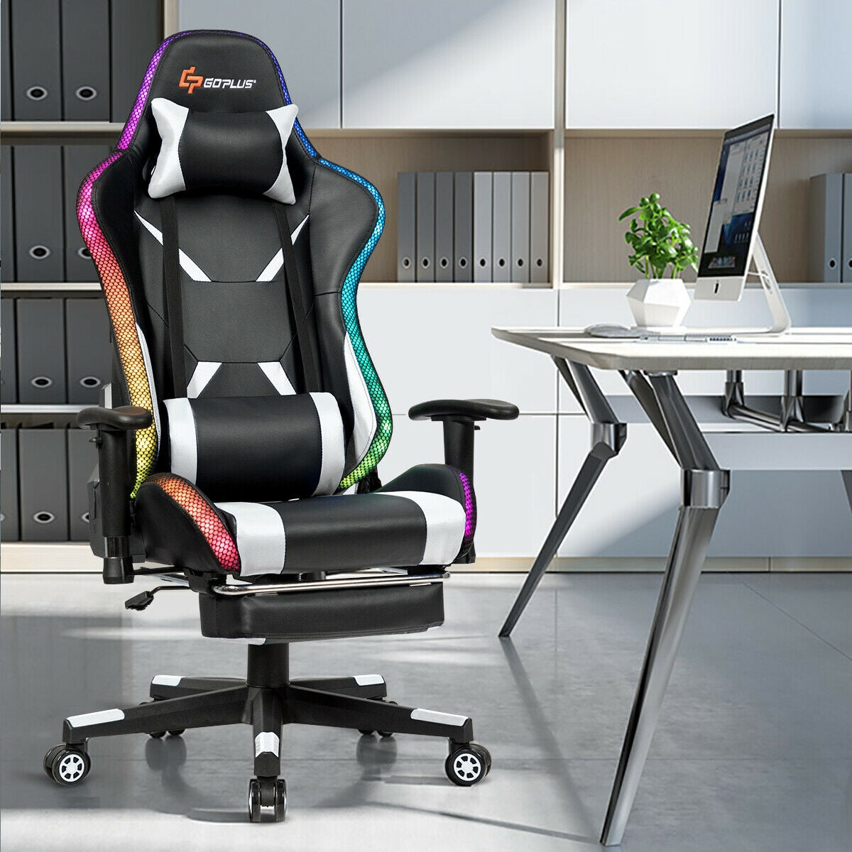 massage racing gaming chair with rgb led lightswhite