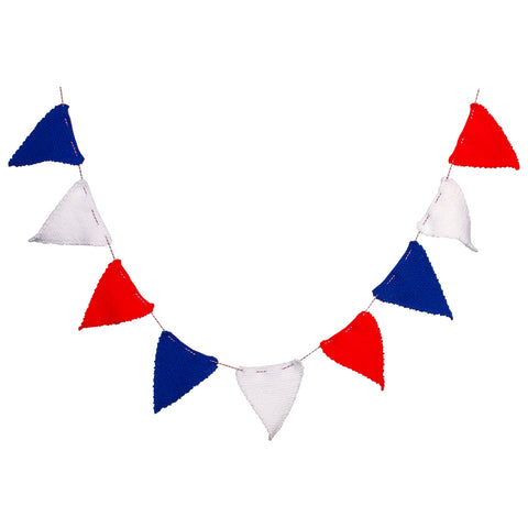 Knitted red, white and blue bunting