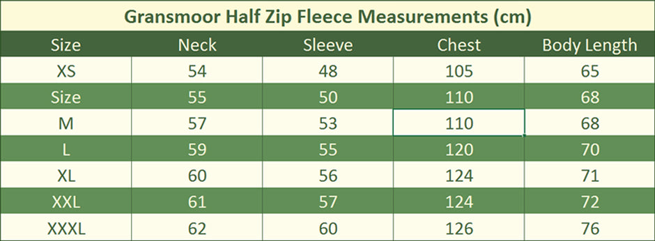 Gransmoor Half Zip Size Guide