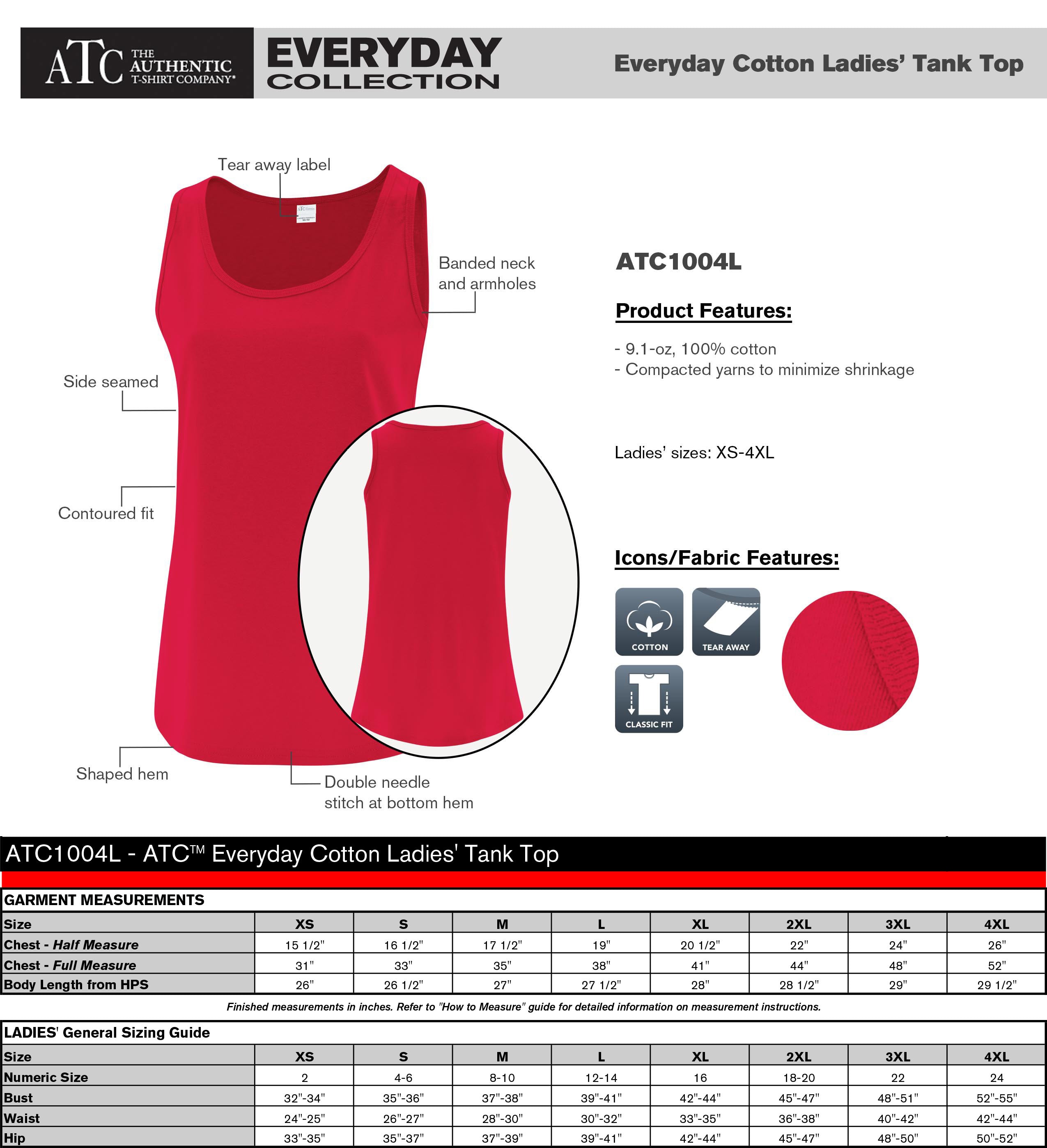 1004L Womens Cotton Tank Sizing Chart and Specs