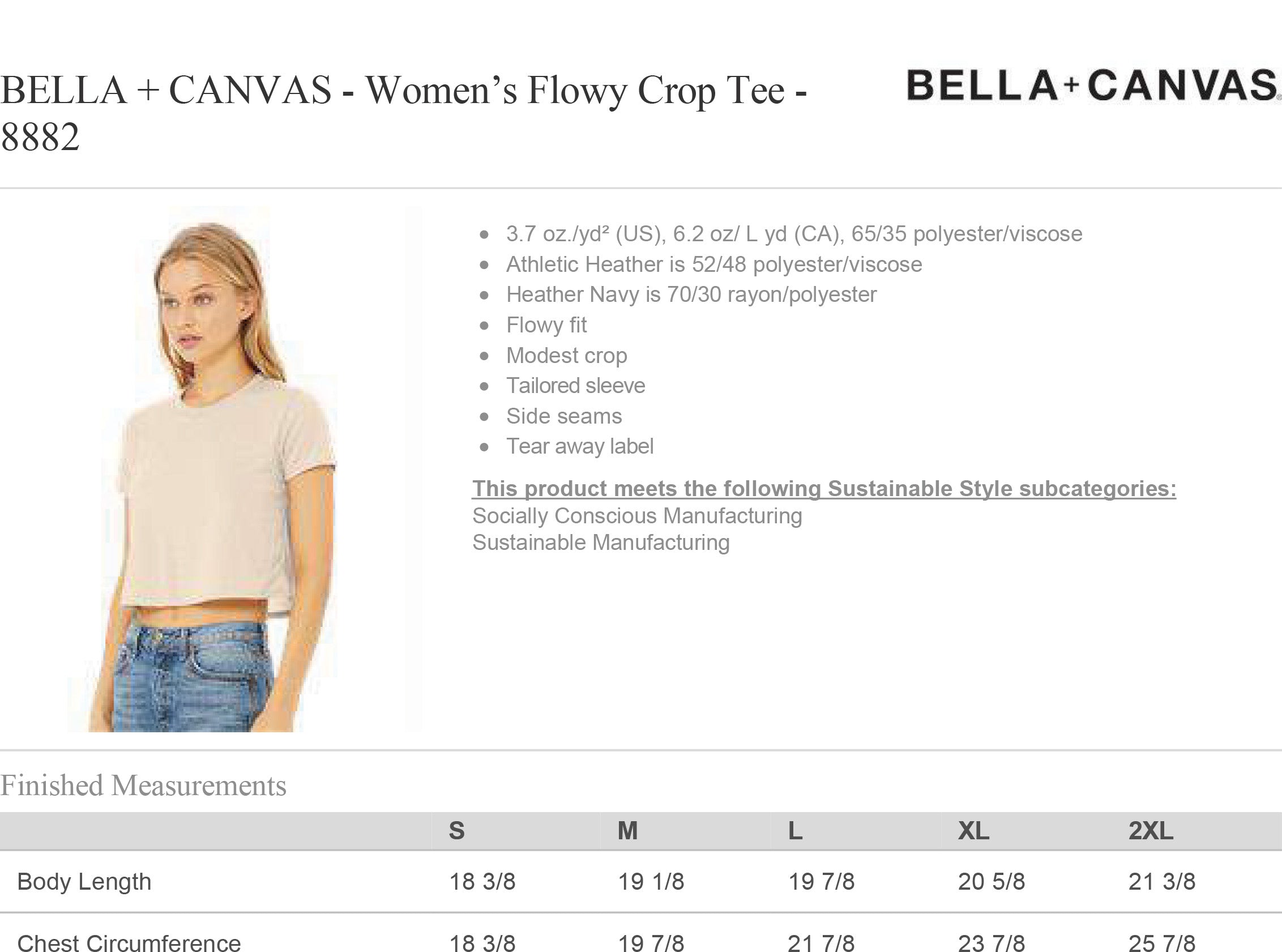 8882 Womens Flowy Crop Sizing Chart and Specs