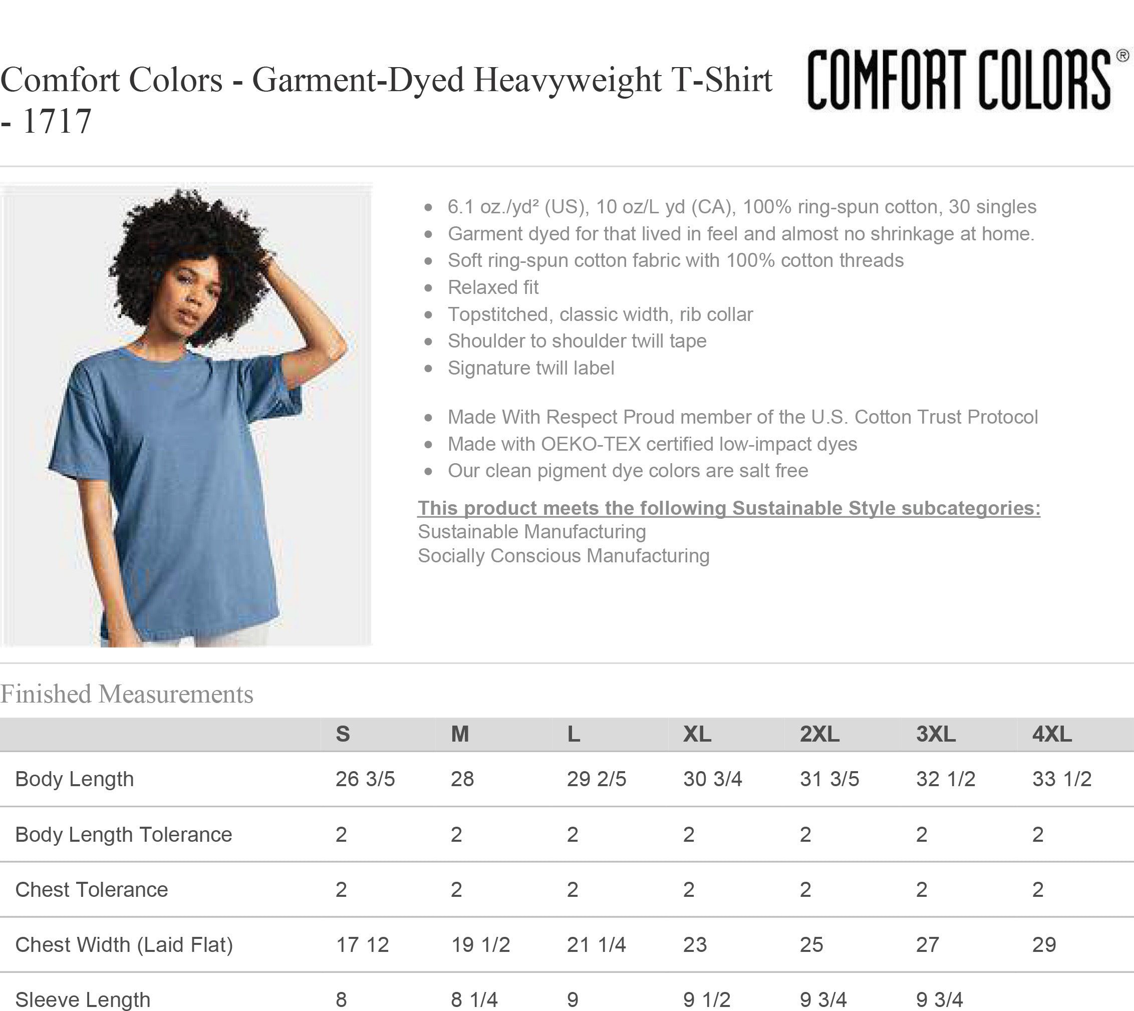 1717 Premium Garment Dyed Sizing Chart and Specs