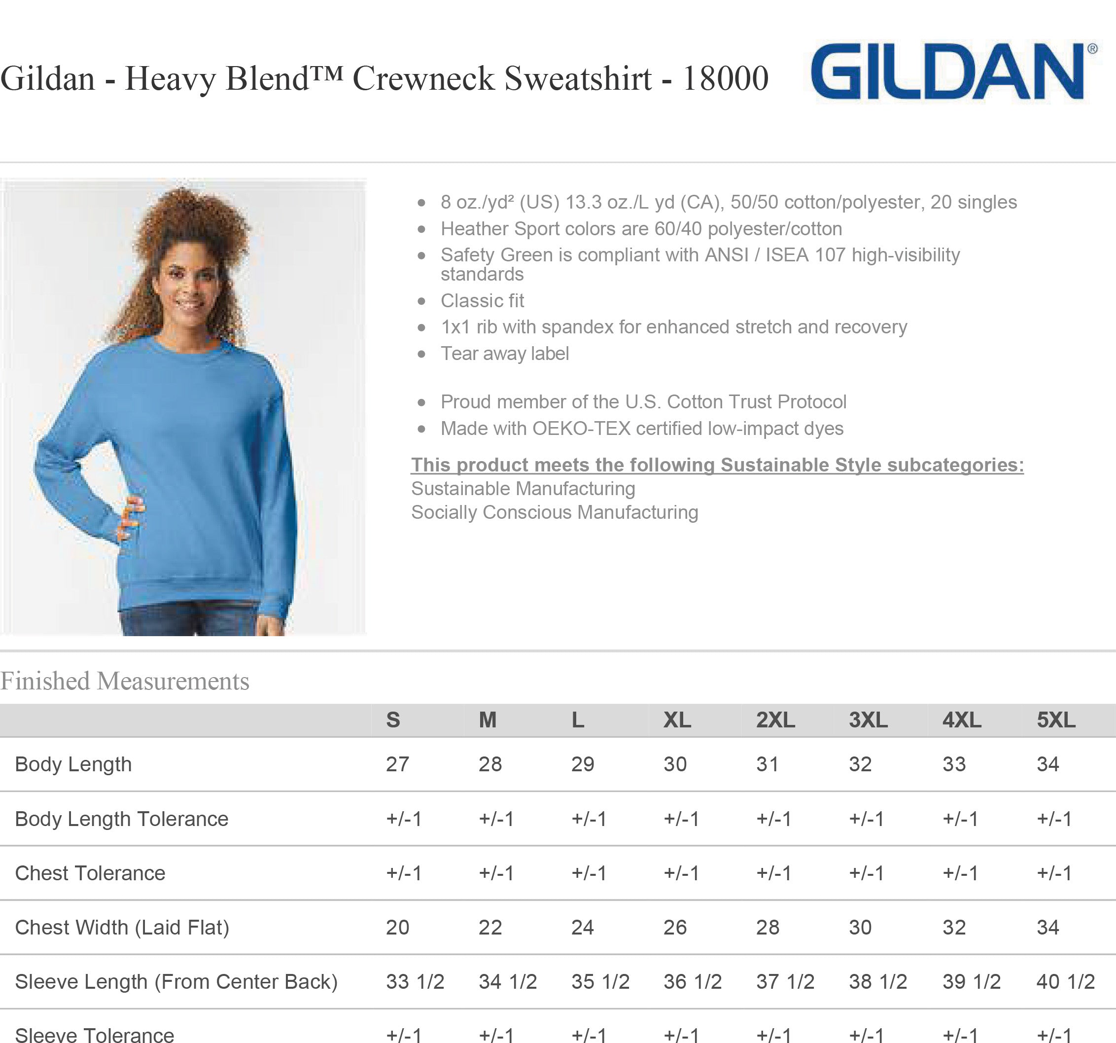 Heavy Blend Sweatshirt Sizing Chart and Specs (18000)