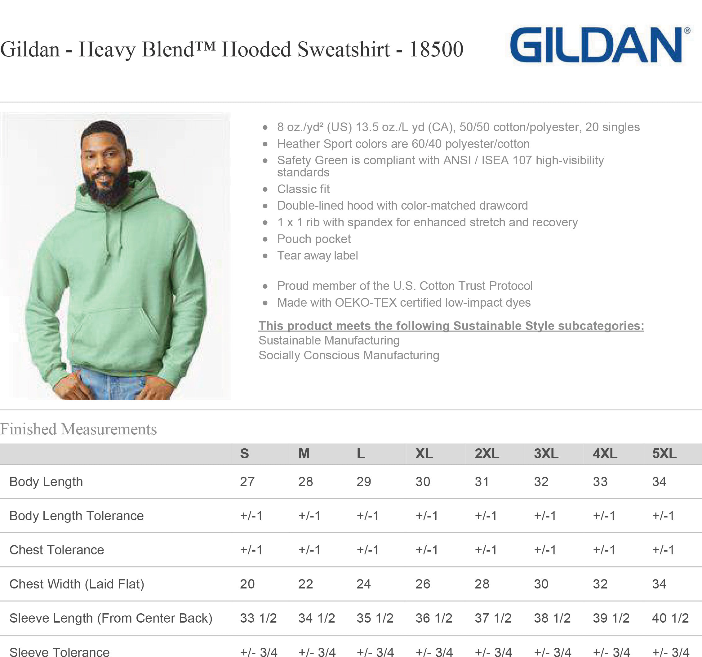 Heavy Blend Hoodie Sizing Chart and Specs (18500)