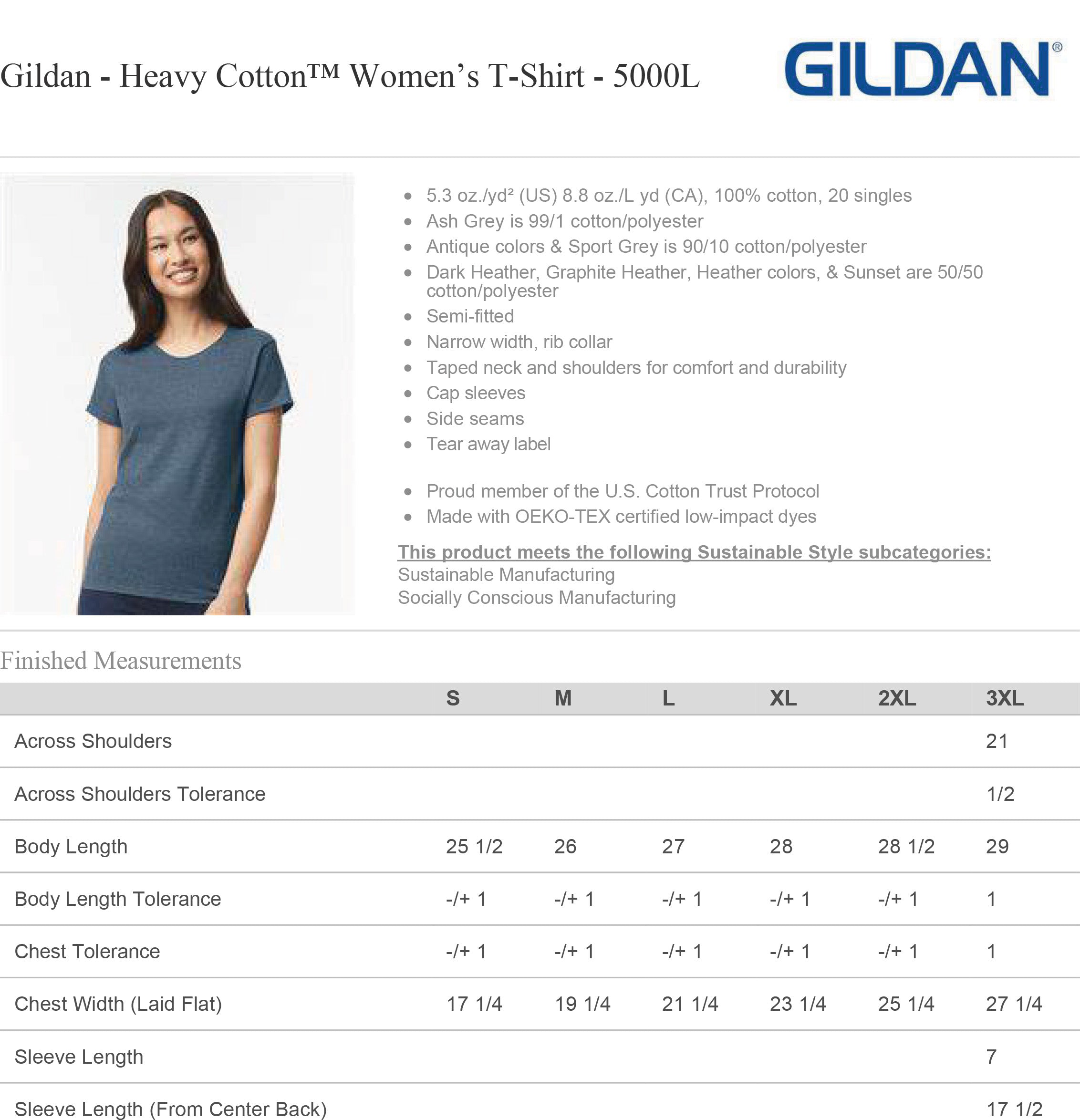 5000L Womens Heavy Cotton Sizing Chart and Specs