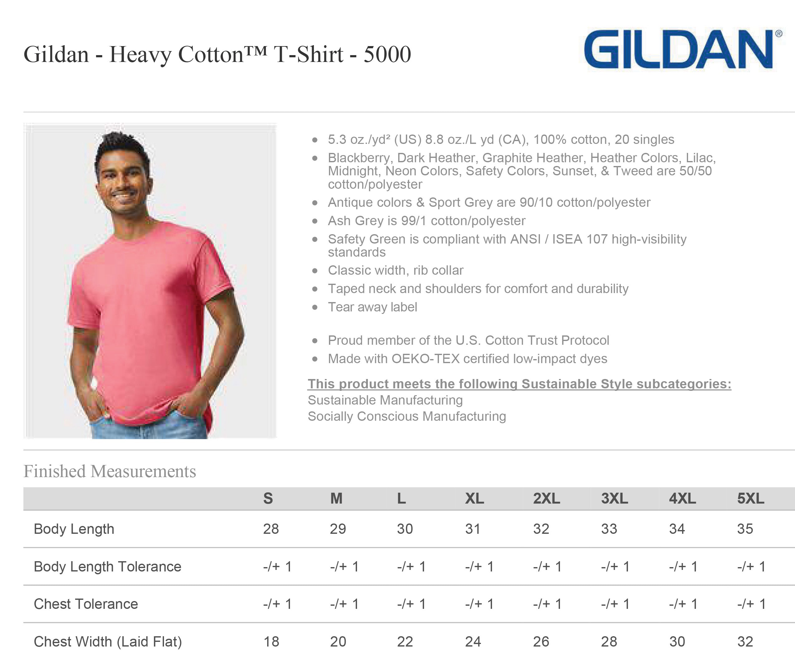 5000 Heavy Cotton Sizing Chart and Specs