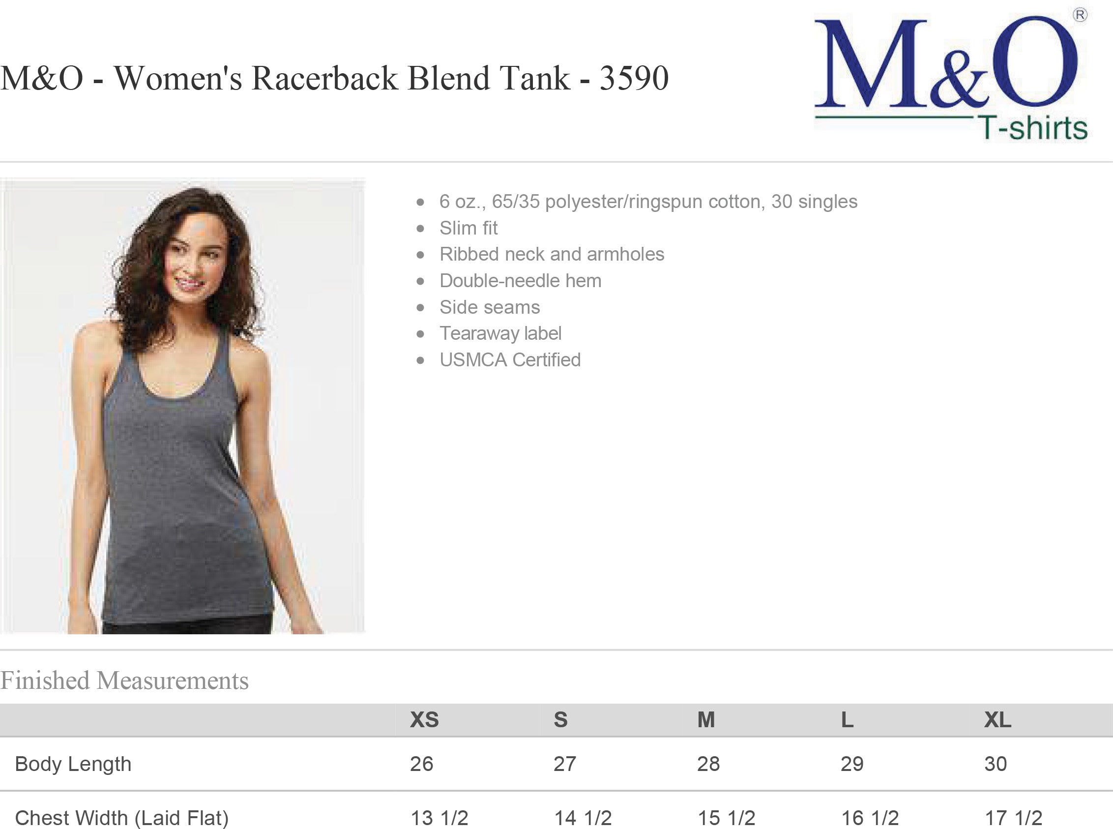 3590 Womens Racerback Tank Sizing Chart and Specs