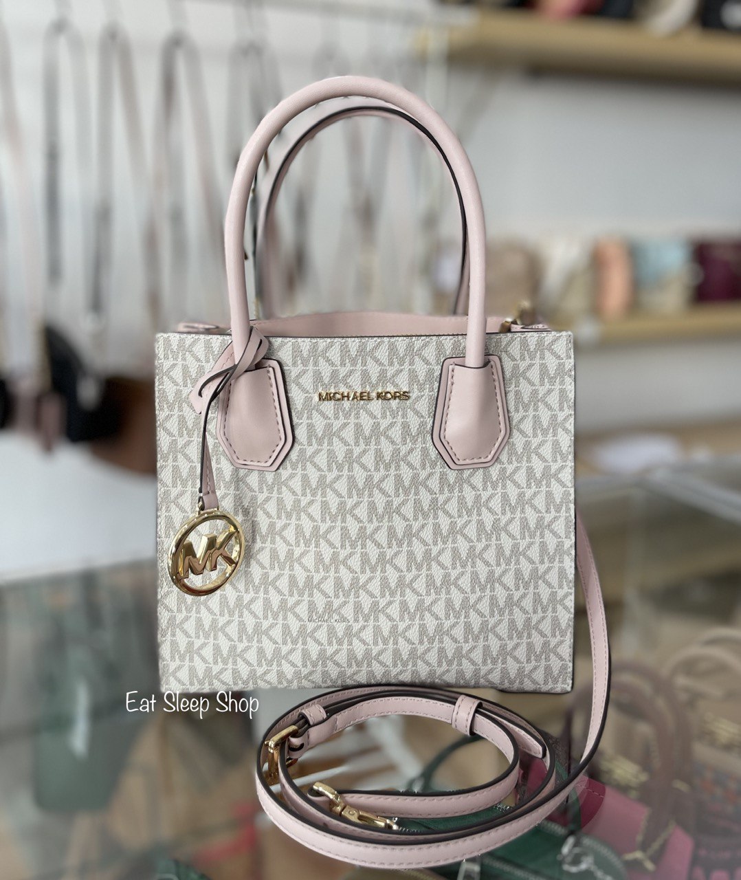 Michael Kors Mercer Medium Messenger Small Satchel Vanilla MK Powder Blush  Pink