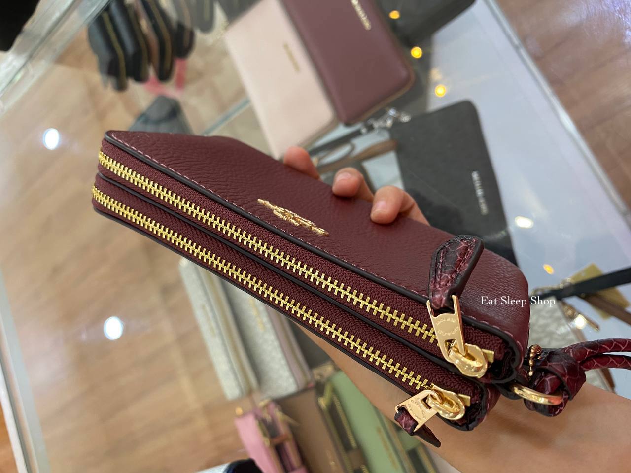 COACH DOUBLE CORNER ZIP WRISTLET C1860 IN WINE MULTI – eatsleepshop