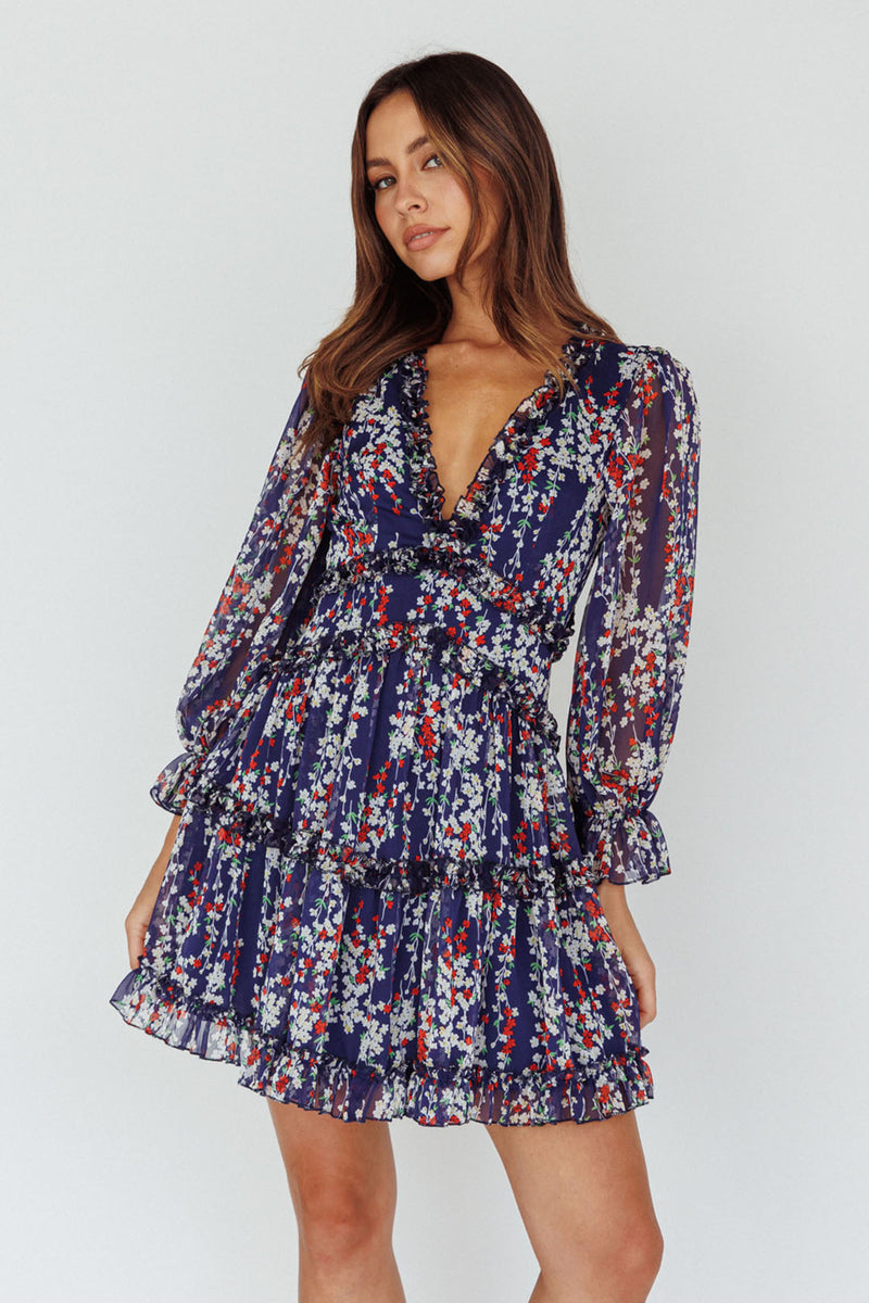 Shop the Laney Cutout Back Ruffle Detail Floral Dress Navy | Selfie Leslie