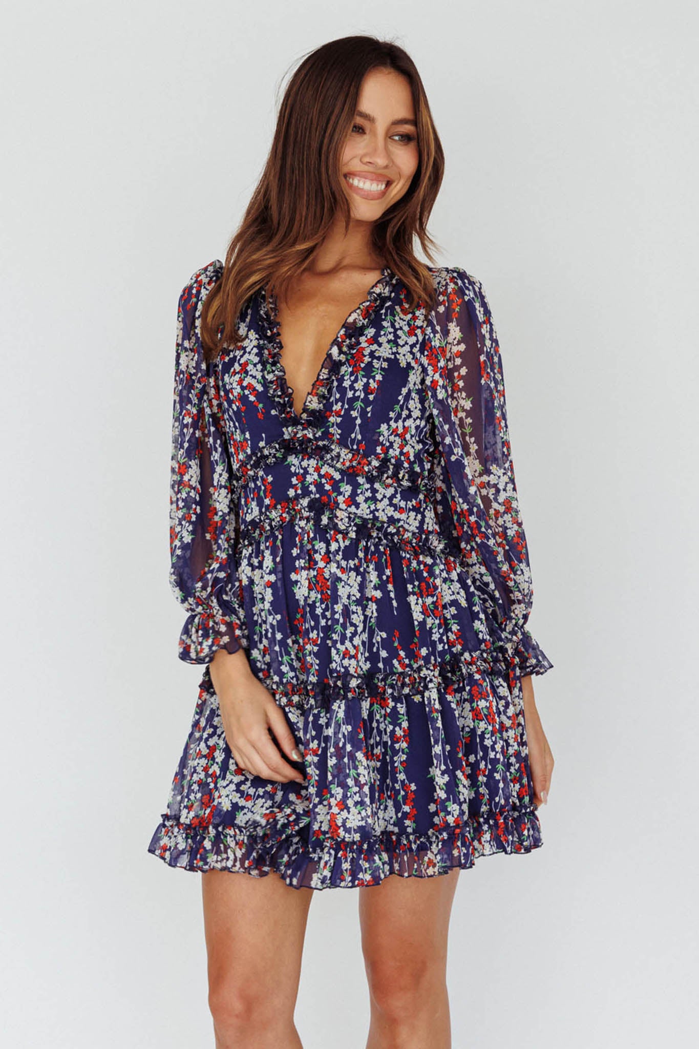 Shop the Laney Cutout Back Ruffle Detail Floral Dress Navy | Selfie Leslie