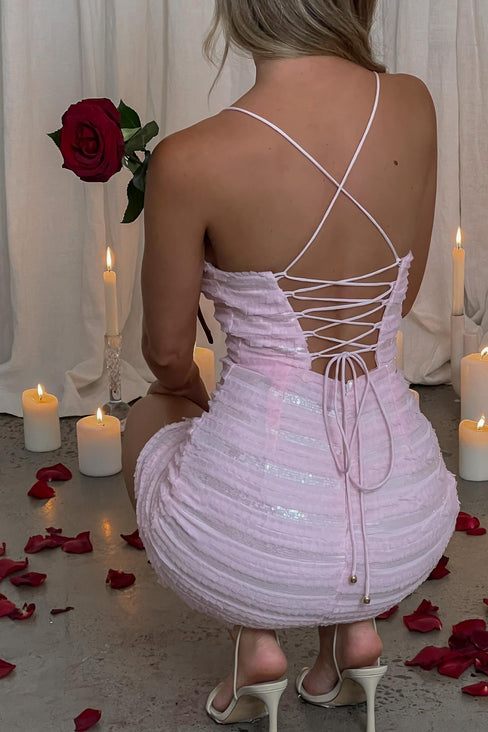 Moonlit Moment Ruffle Trim Piping Detail Lace-Up Back Dress Apricot Selfie  Leslie Check out our range of items that will assist you be the best  version of yourself