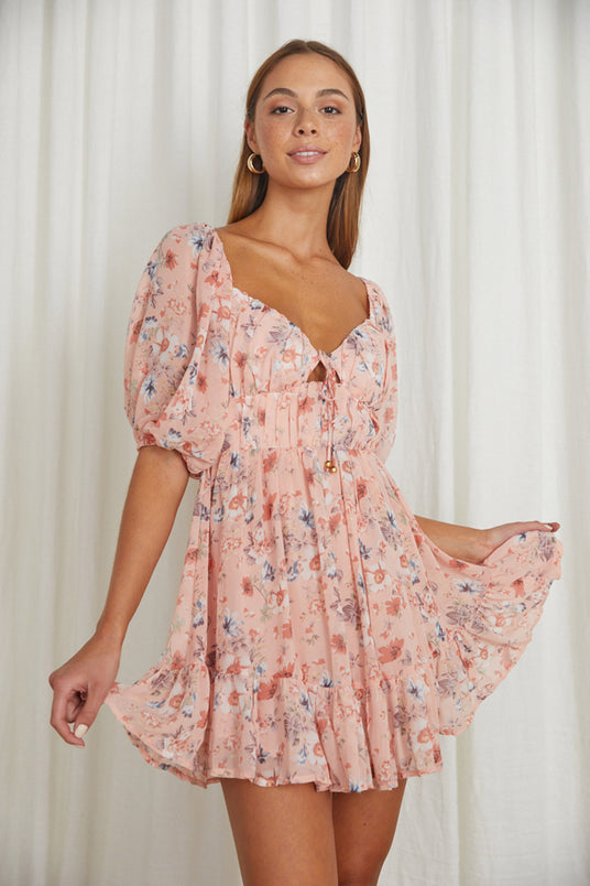 Take a look at our exciting line of Flower Child Bust Tie Ruffle Trim Dress  Leaf Print Beige Selfie Leslie . Unique Designs you won't find in any other  place