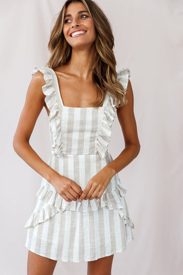 Shop the Shiloh Tie-Back Pinafore Dress Stripe Print Beige | Selfie Leslie