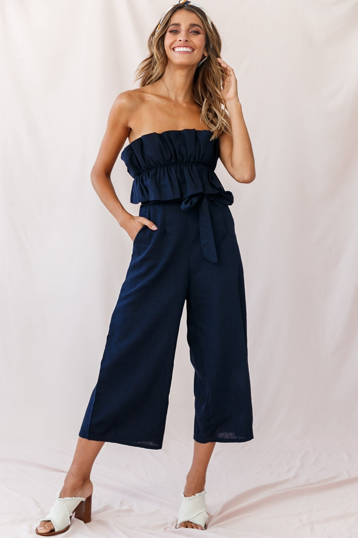 Shop the Thea Ruffle Crop Top Jumpsuit Navy | Selfie Leslie