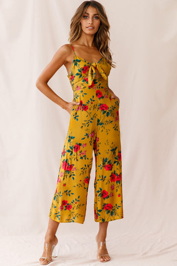Shop the Call Me Wide-Leg Tied Bust Jumpsuit Floral Print Mustard ...