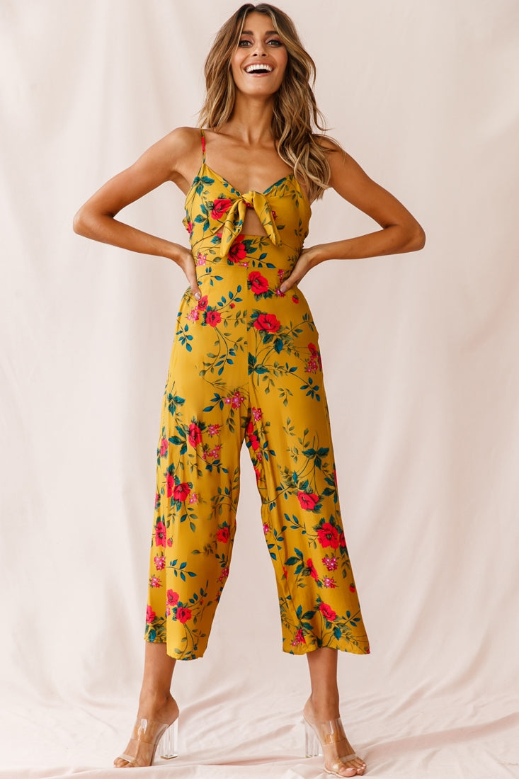 Shop the Call Me Wide-Leg Tied Bust Jumpsuit Floral Print Mustard ...