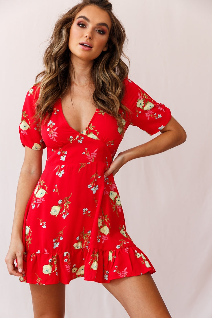 Shop the Clare Floral Puff Sleeve Mini Dress Red | Selfie Leslie