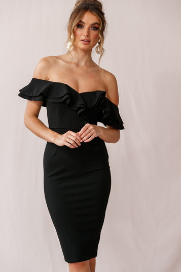 Shop the Rossi Ruffled Off The Shoulder Bodycon Dress Black | Selfie Leslie