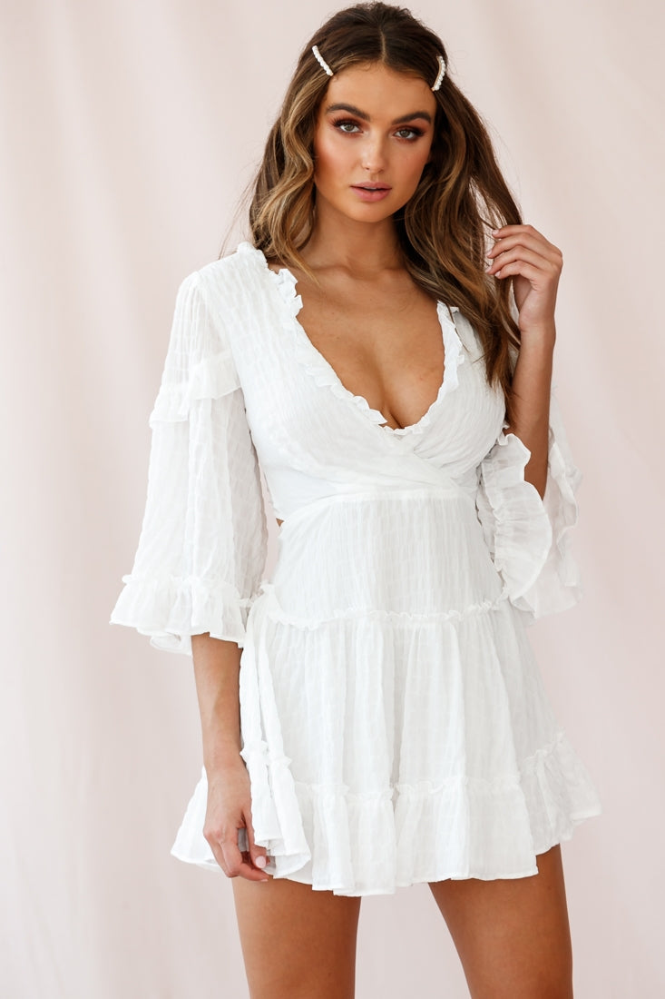 Shop the Albany Lace Up Back Frill Dress Puckered Fabric White | Selfie ...